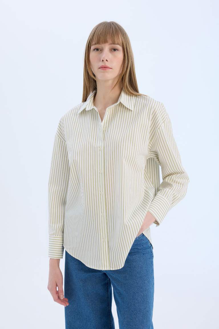 Oversize Fit Shirt Collar Poplin Striped Long Sleeve Shirt