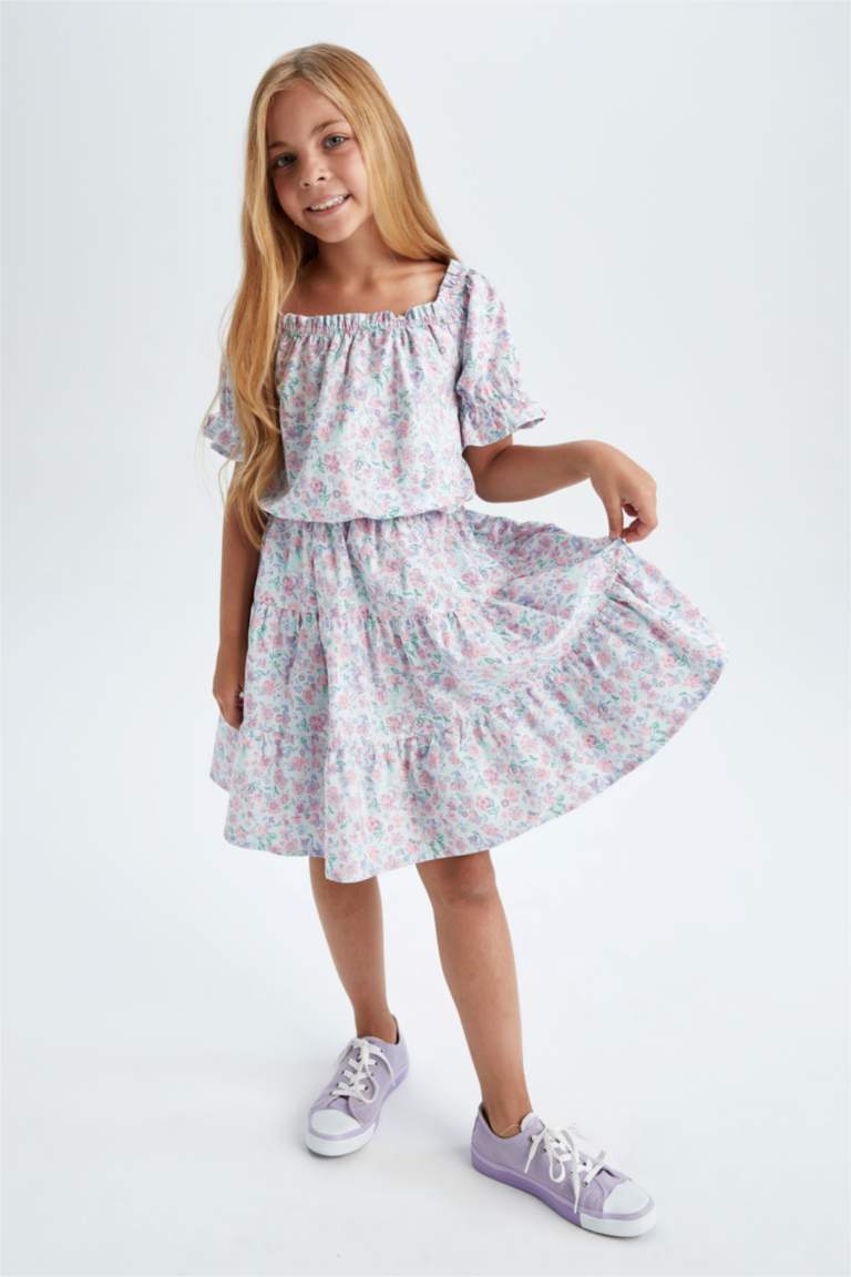 Girl Regular Fit Patterned Short Sleeve Crop Top Ruffle Skirt Set