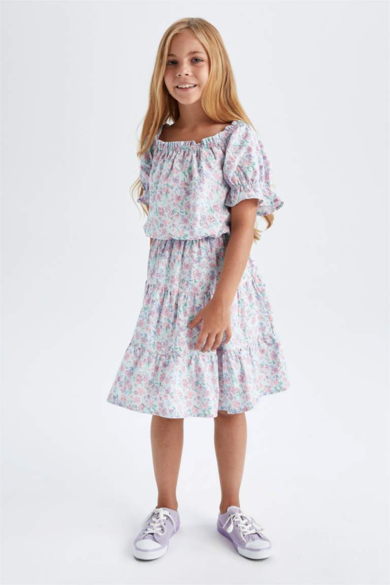 Girl Regular Fit Patterned Short Sleeve Crop Top Ruffle Skirt Set