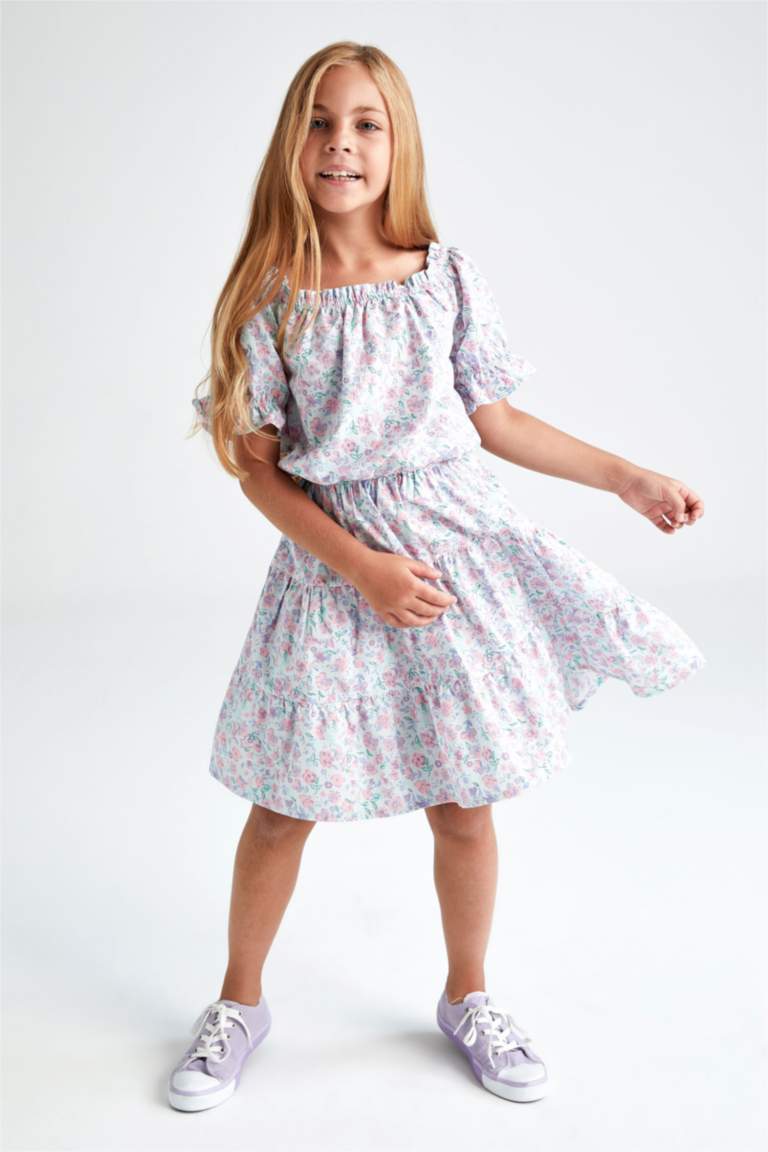 Girl Regular Fit Patterned Short Sleeve Crop Top Ruffle Skirt Set