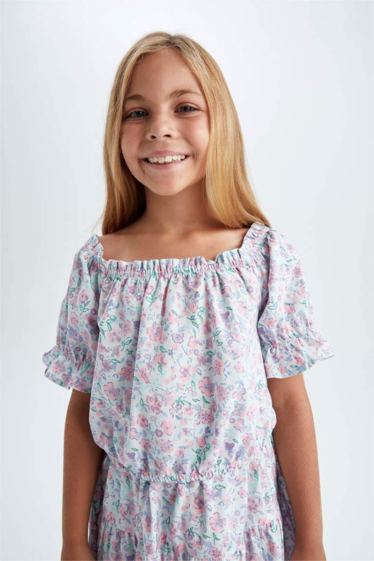 Girl Regular Fit Patterned Short Sleeve Crop Top Ruffle Skirt Set