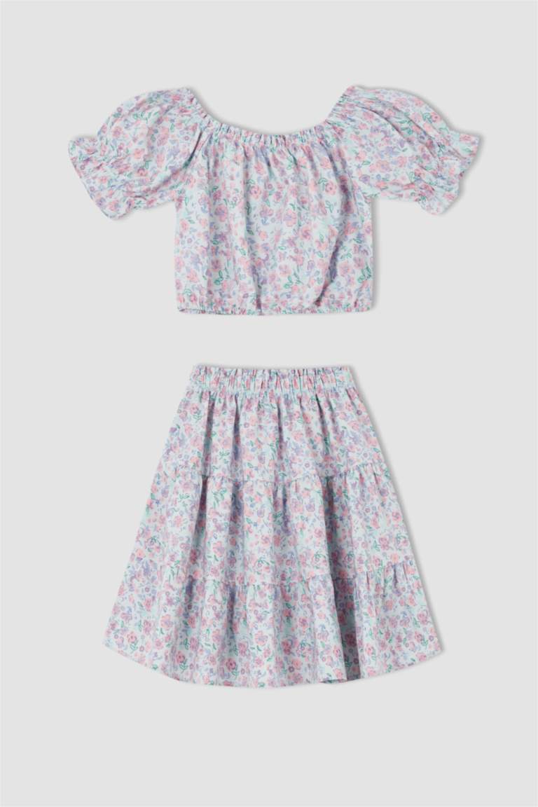 Girl Regular Fit Patterned Short Sleeve Crop Top Ruffle Skirt Set