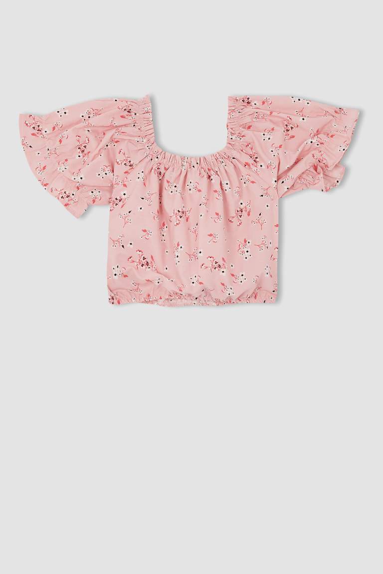 Kız Çocuk Desenli Kısa Kollu Crop Bluz Etek 2'li Takım