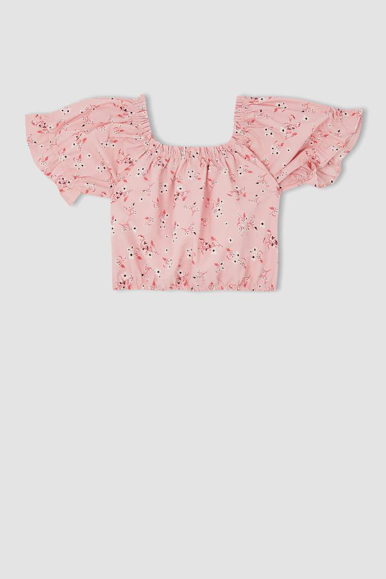 Kız Çocuk Desenli Kısa Kollu Crop Bluz Etek 2'li Takım