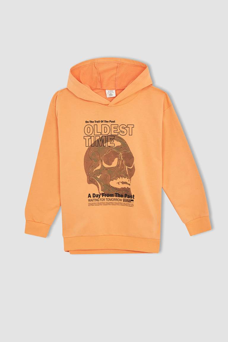 Boy Oversized Fit Long Sleeve Skull Print Hoodie
