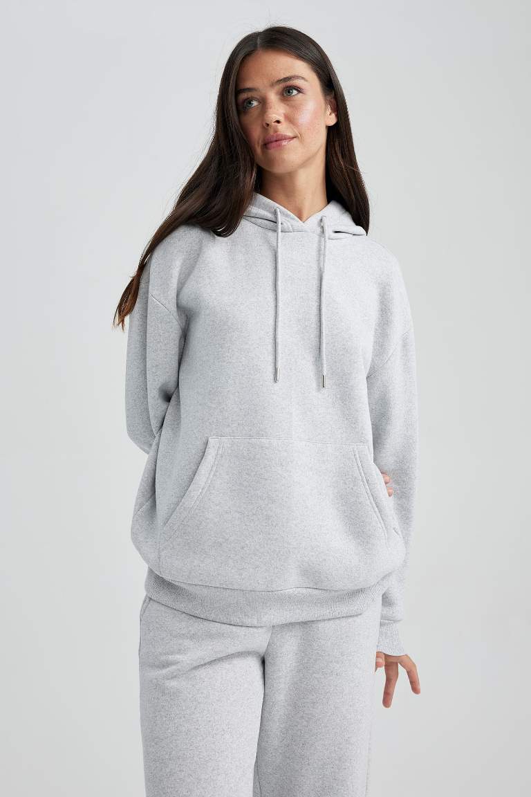 Grey WOMAN Relax Fit Hooded Thick Pullover Fabric Sweatshirt 2890950 ...