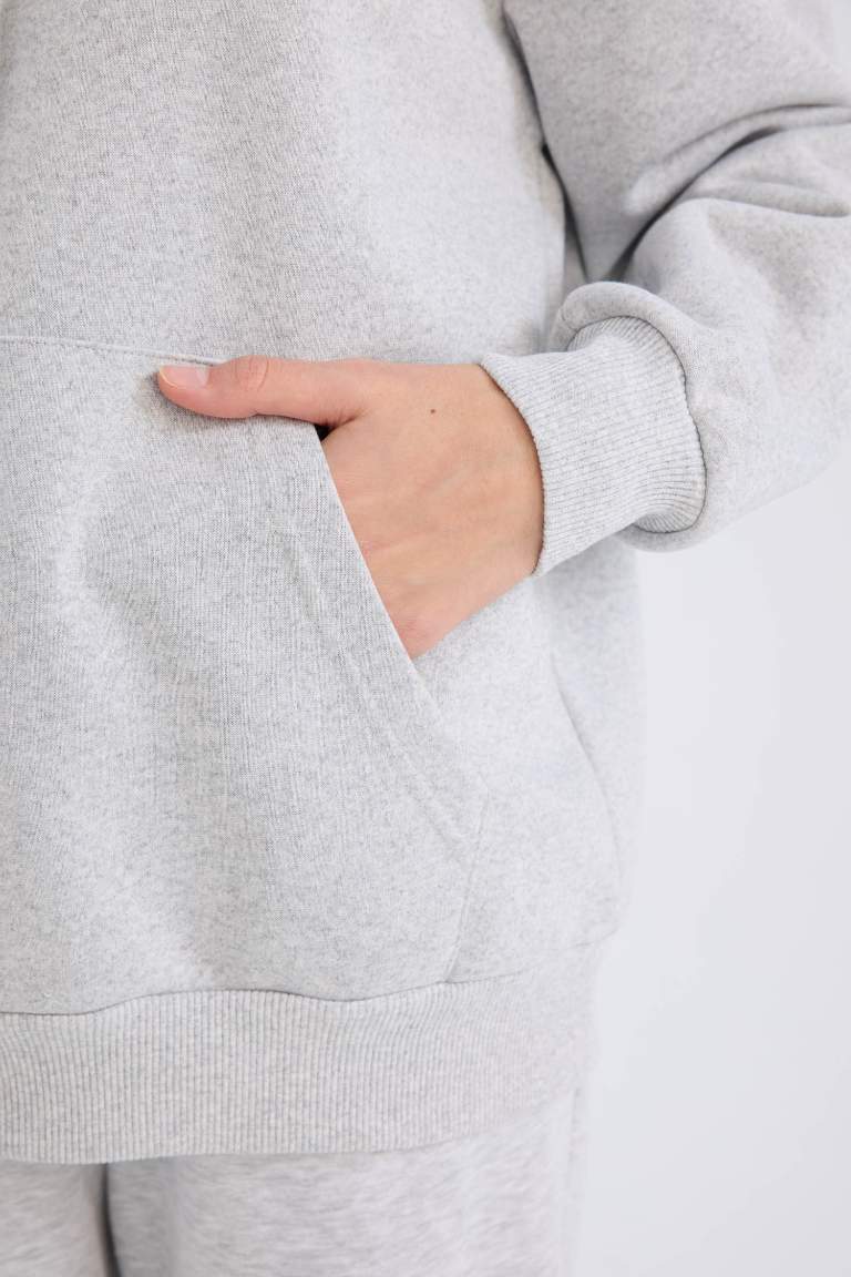 Relax Fit Kapüşonlu Kanguru Cepli Kalın Basic Düz Sweatshirt