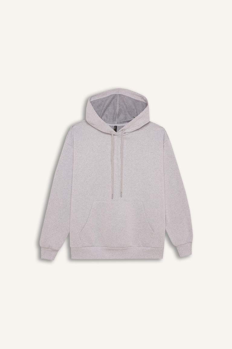Relax Fit Kapüşonlu Kanguru Cepli Kalın Basic Düz Sweatshirt