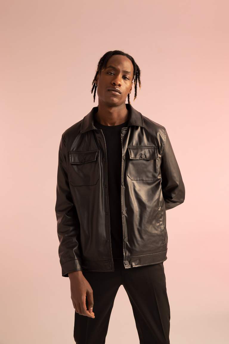 Regular Fit Polo Yaka Cepli Suni Deri Ceket