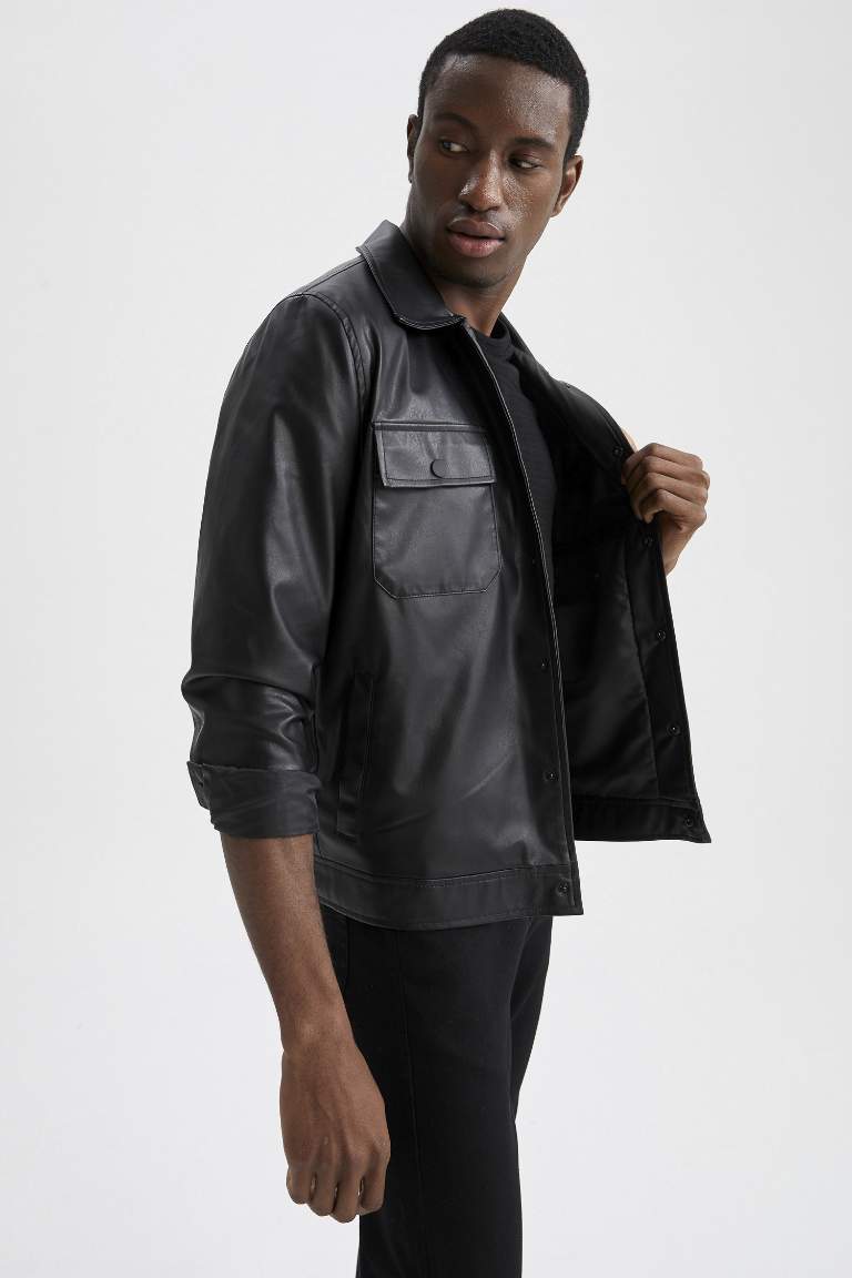 Regular Fit Polo Yaka Cepli Suni Deri Ceket