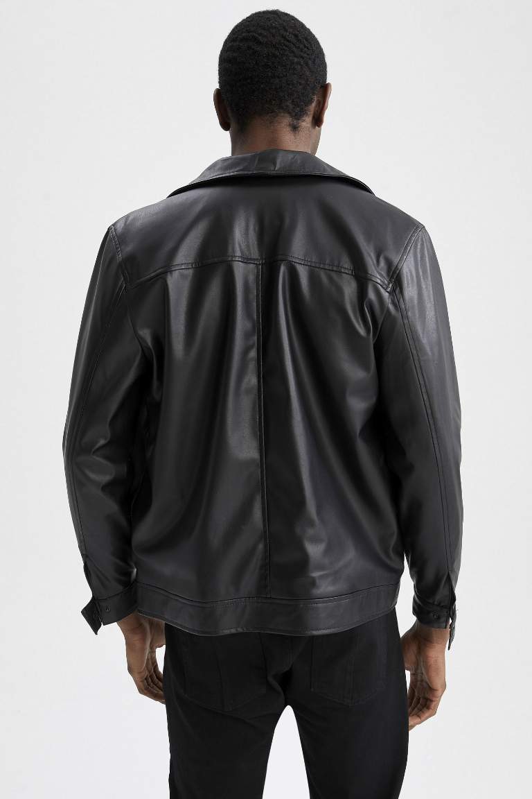 Regular Fit Polo Yaka Cepli Suni Deri Ceket
