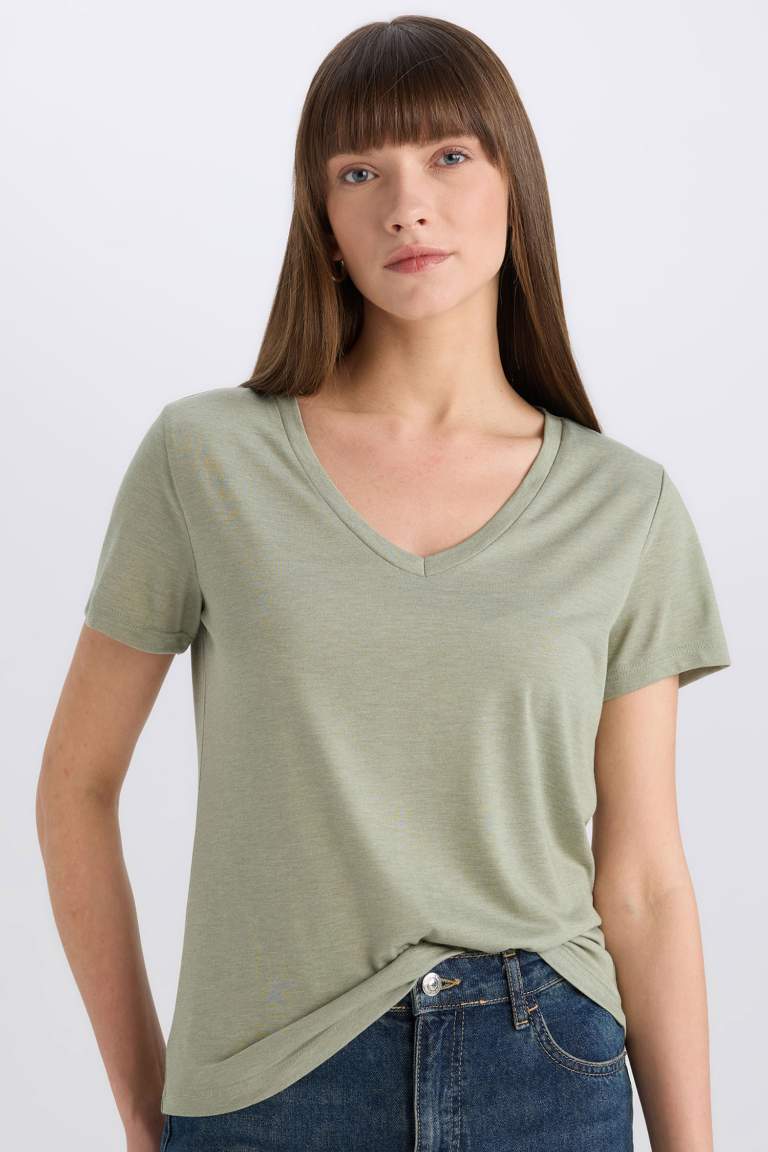 Regular Fit V Neck Basic Short Sleeve T-Shirt