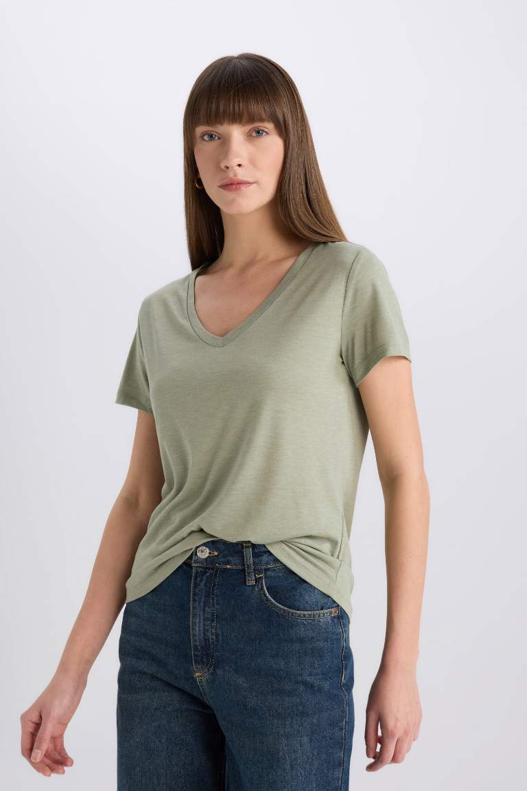 Regular Fit V Neck Basic Short Sleeve T-Shirt