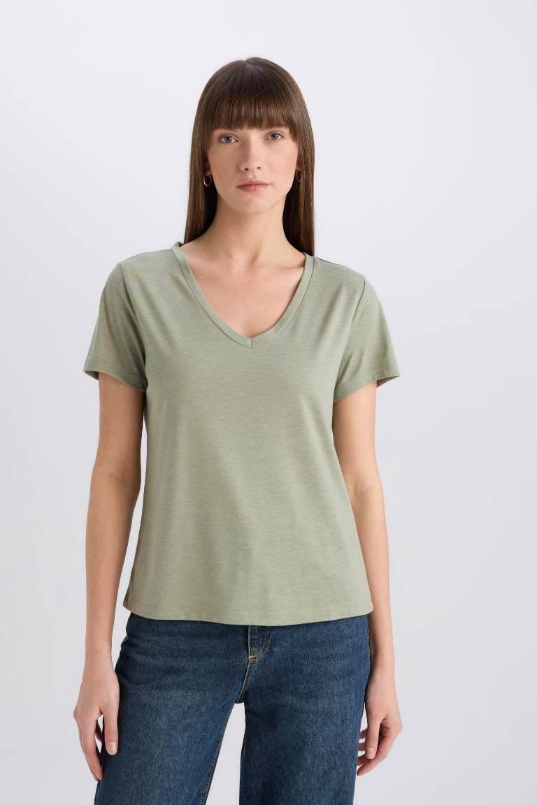 Regular Fit V Neck Basic Short Sleeve T-Shirt