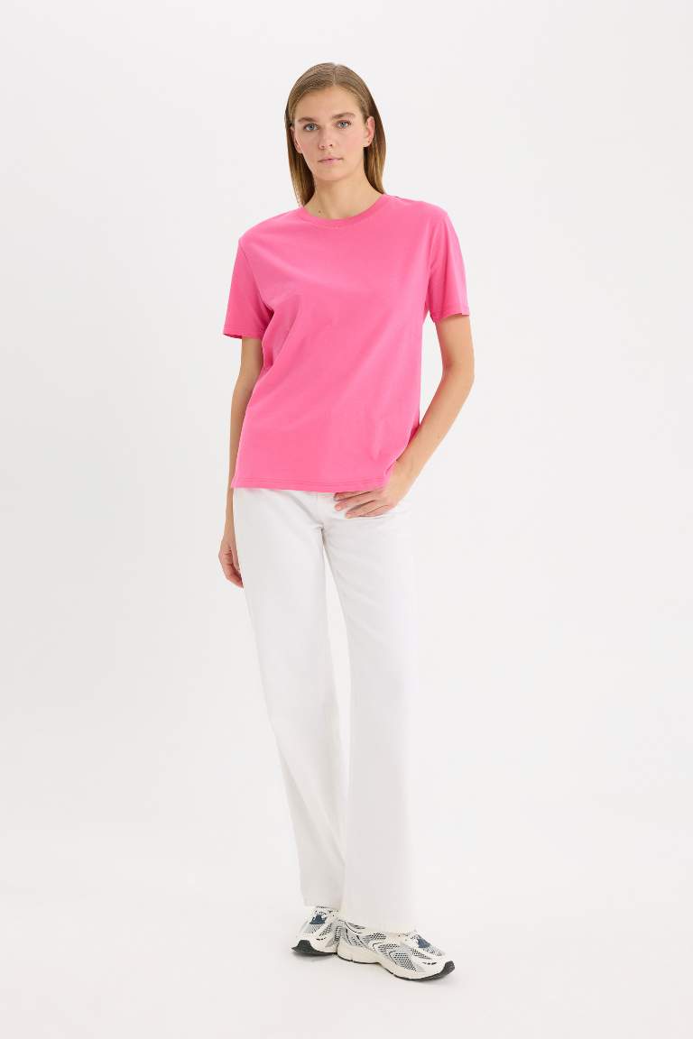 Regular Fit Crew Neck Cotton Basic Pink T-Shirt