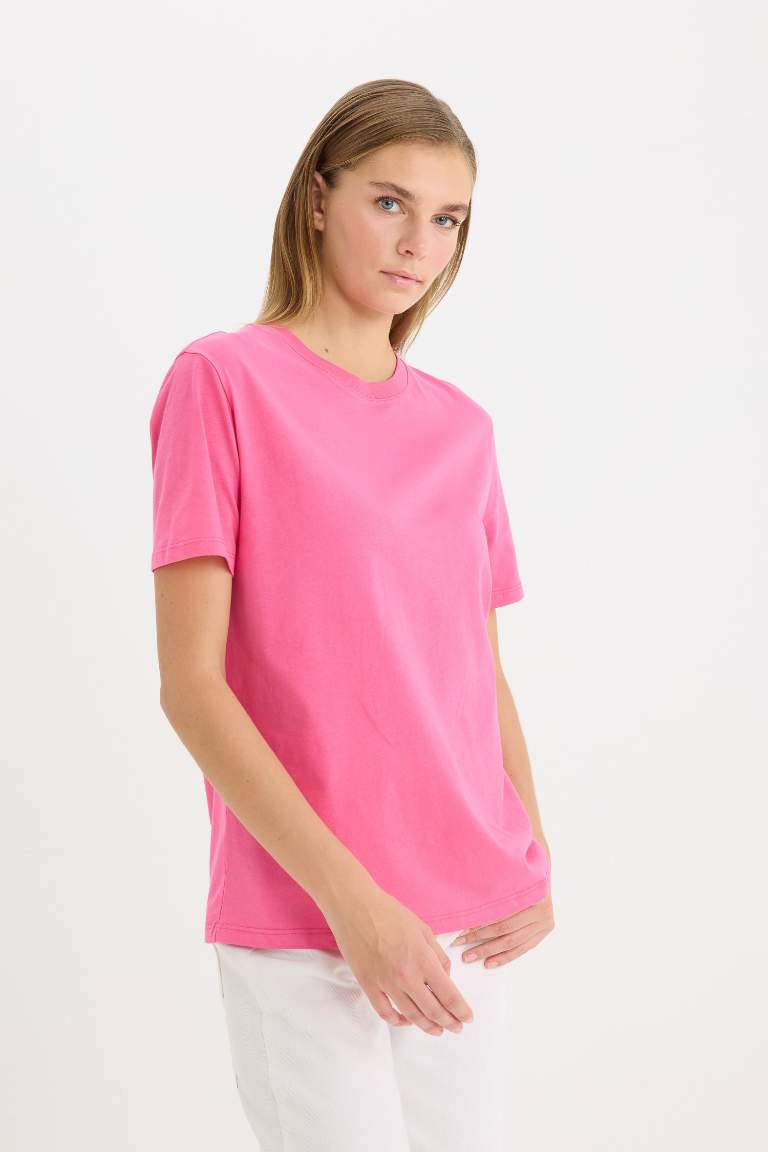 Regular Fit Crew Neck Cotton Basic Pink T-Shirt