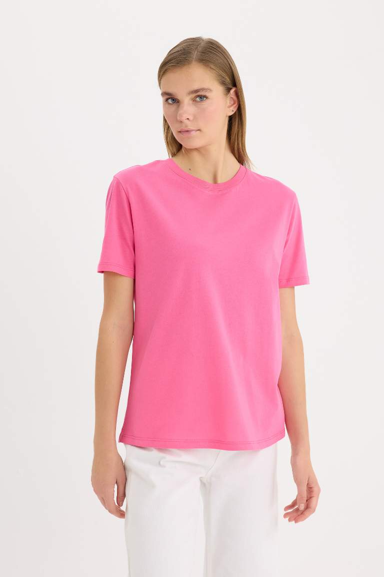 Regular Fit Crew Neck Cotton Basic Pink T-Shirt