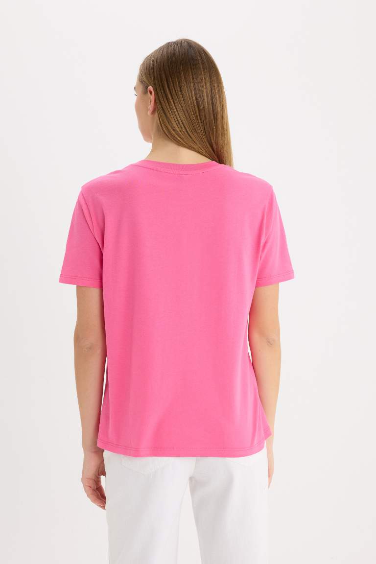 Regular Fit Crew Neck Cotton Basic Pink T-Shirt