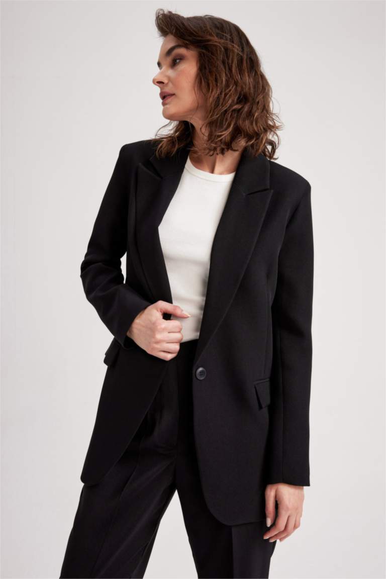 Oversize Geniş Kalıp Düğmeli Basic Düz Blazer Ceket