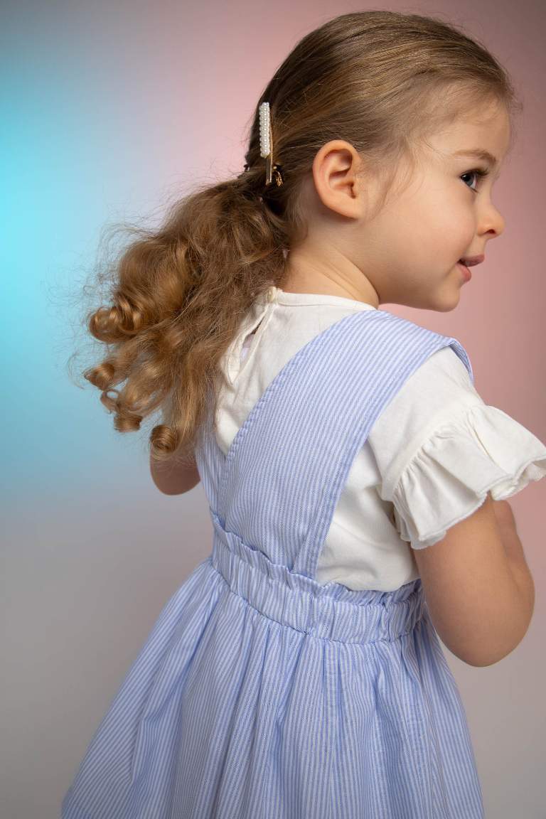 Kız Bebek Çizgili Keten Görünümlü Elbise Tişört 2'li Takım