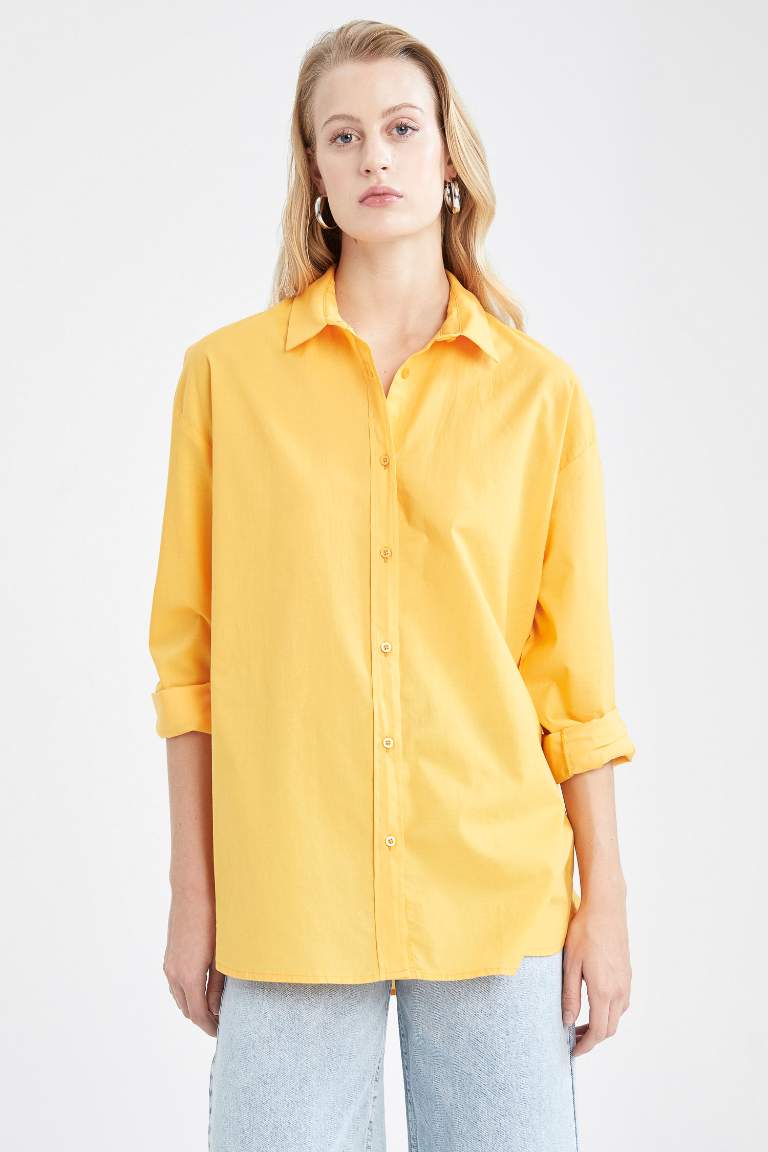 Oversize Fit Gömlek Yaka Patlı Vual Uzun Kollu %100 Pamuk Gömlek