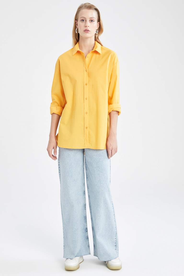 Oversize Fit Gömlek Yaka Patlı Vual Uzun Kollu %100 Pamuk Gömlek