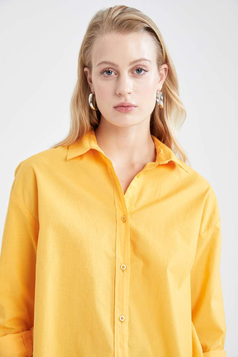 Oversize Fit Gömlek Yaka Patlı Vual Uzun Kollu %100 Pamuk Gömlek
