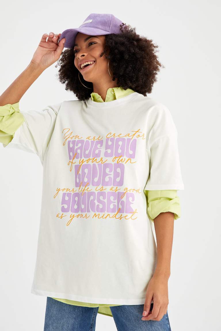 Oversize Fit Baskılı Bisiklet Yaka Kısa Kollu %100 Pamuk Tişört