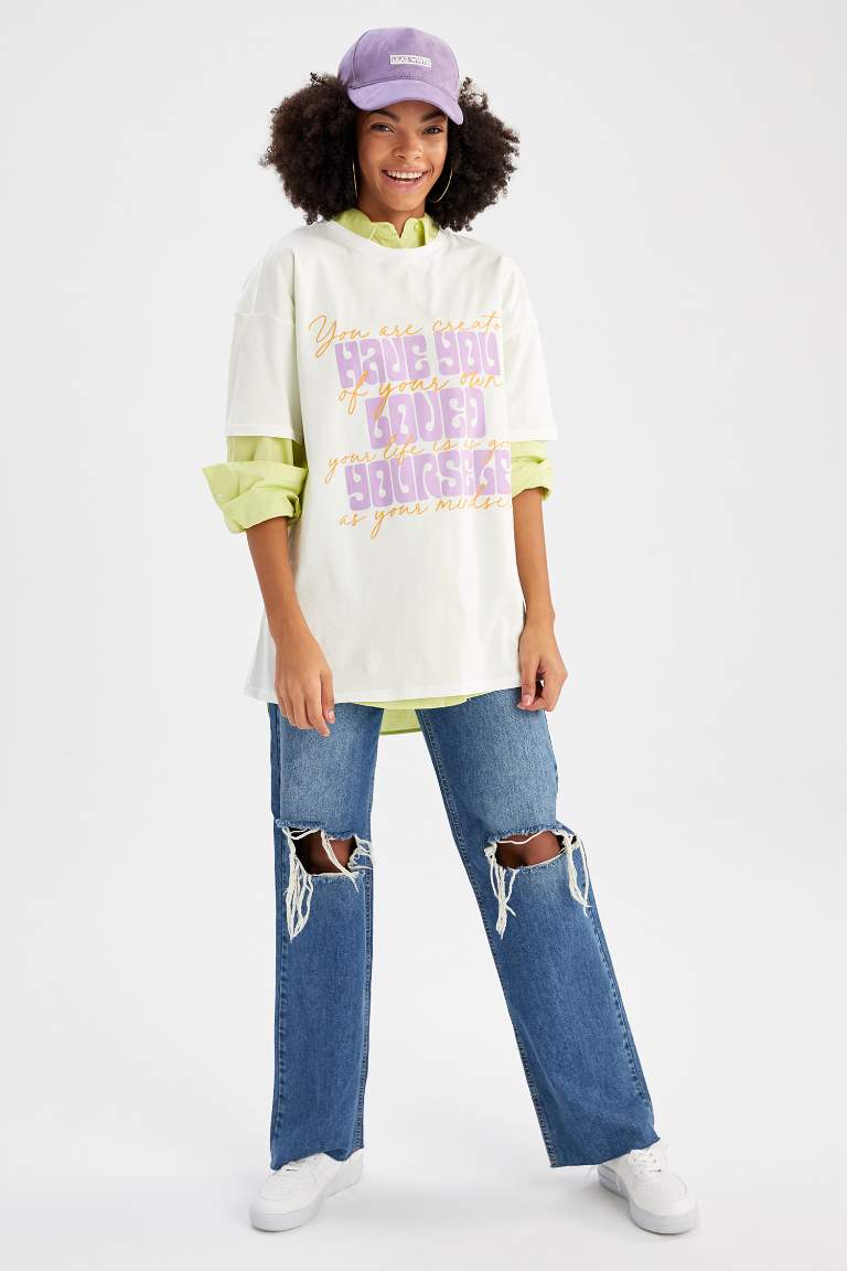 Oversize Fit Baskılı Bisiklet Yaka Kısa Kollu %100 Pamuk Tişört