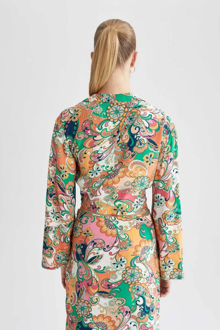 Fitted V Neck Long Sleeve Floral Printed Blouse