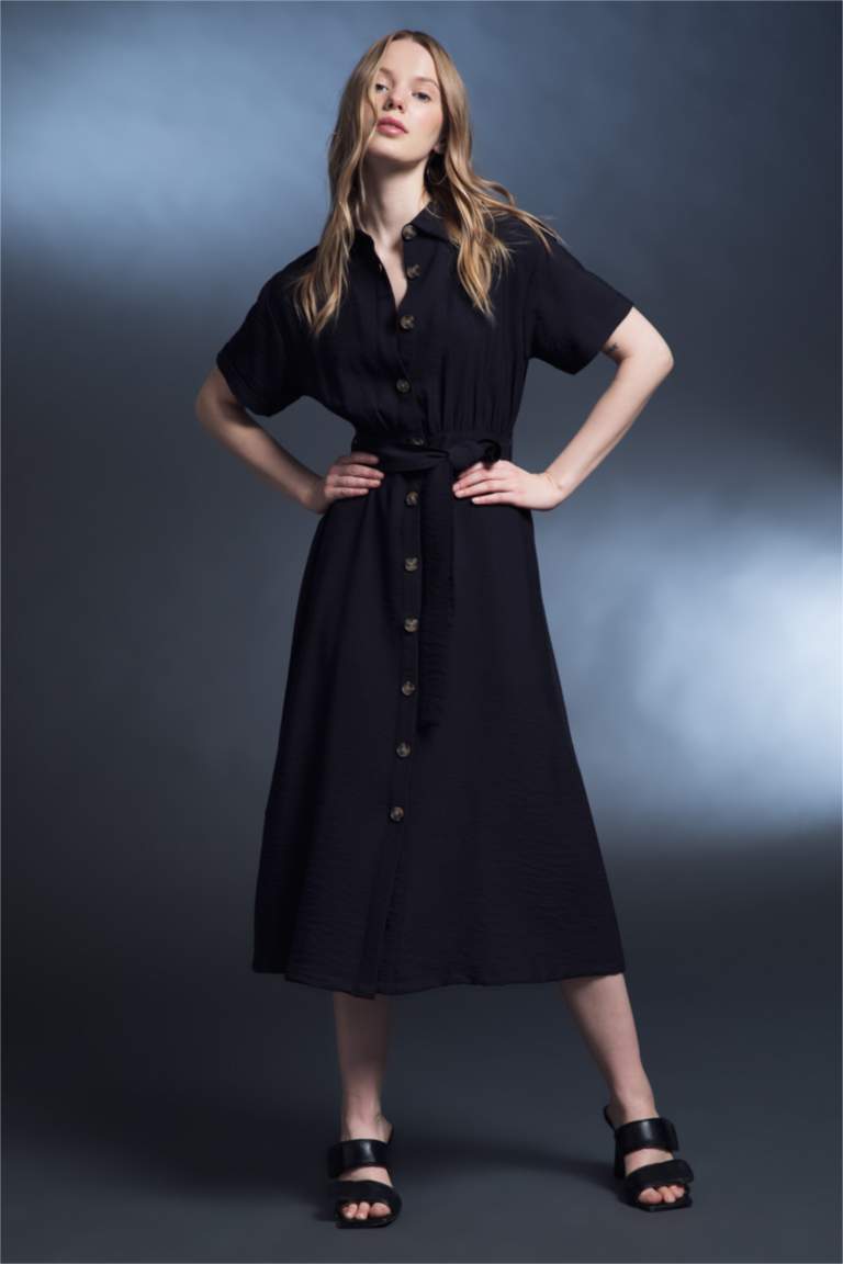 Gömlek Yaka Keten Görünümlü Kısa Kollu Midi Elbise