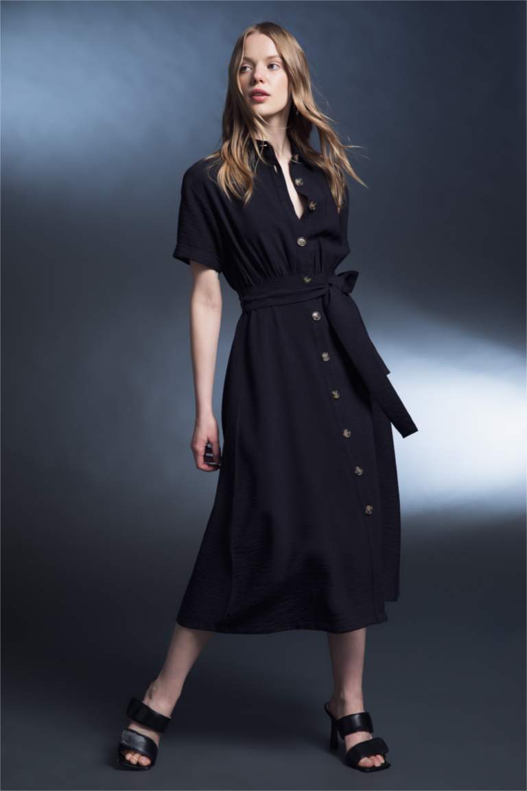 Gömlek Yaka Keten Görünümlü Kısa Kollu Midi Elbise