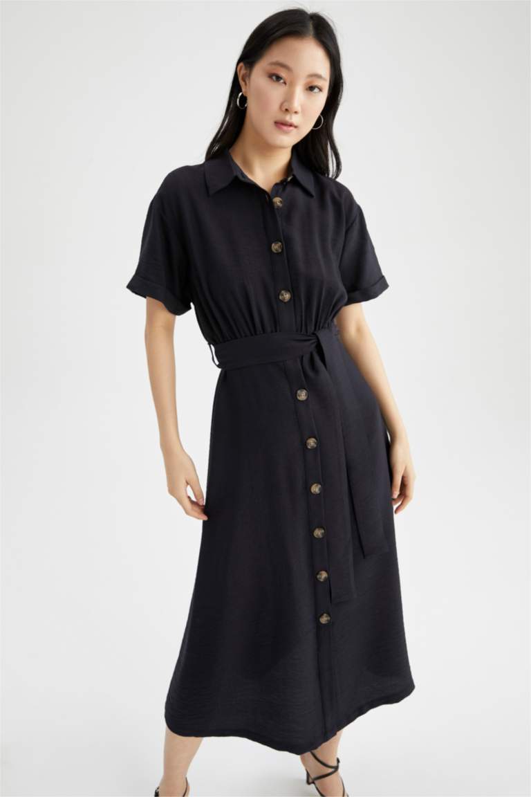Gömlek Yaka Keten Görünümlü Kısa Kollu Midi Elbise