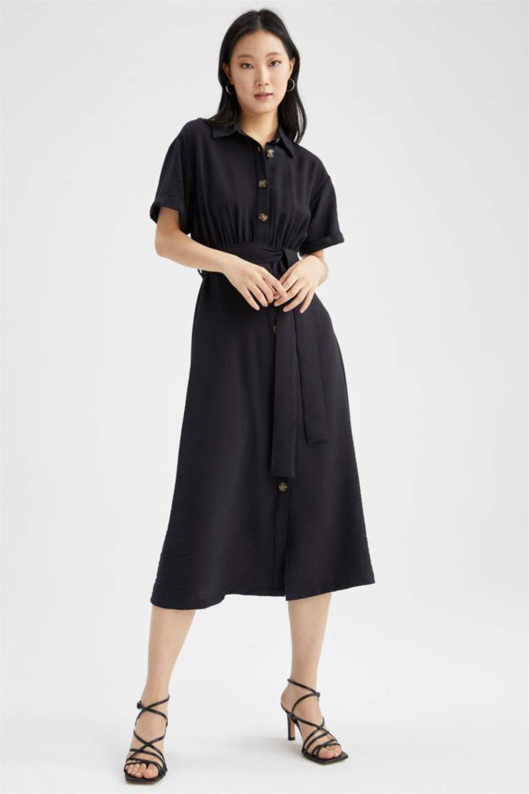Gömlek Yaka Keten Görünümlü Kısa Kollu Midi Elbise