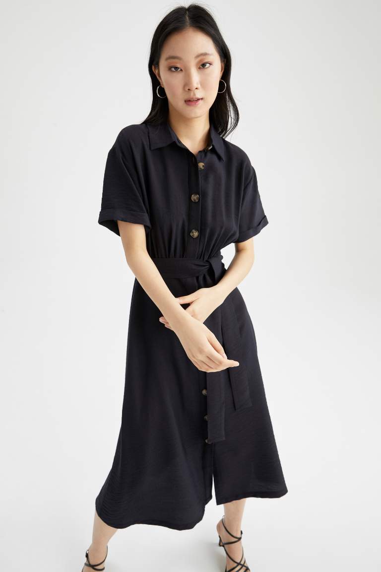 Gömlek Yaka Keten Görünümlü Kısa Kollu Midi Elbise