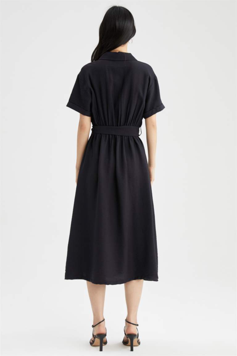 Gömlek Yaka Keten Görünümlü Kısa Kollu Midi Elbise