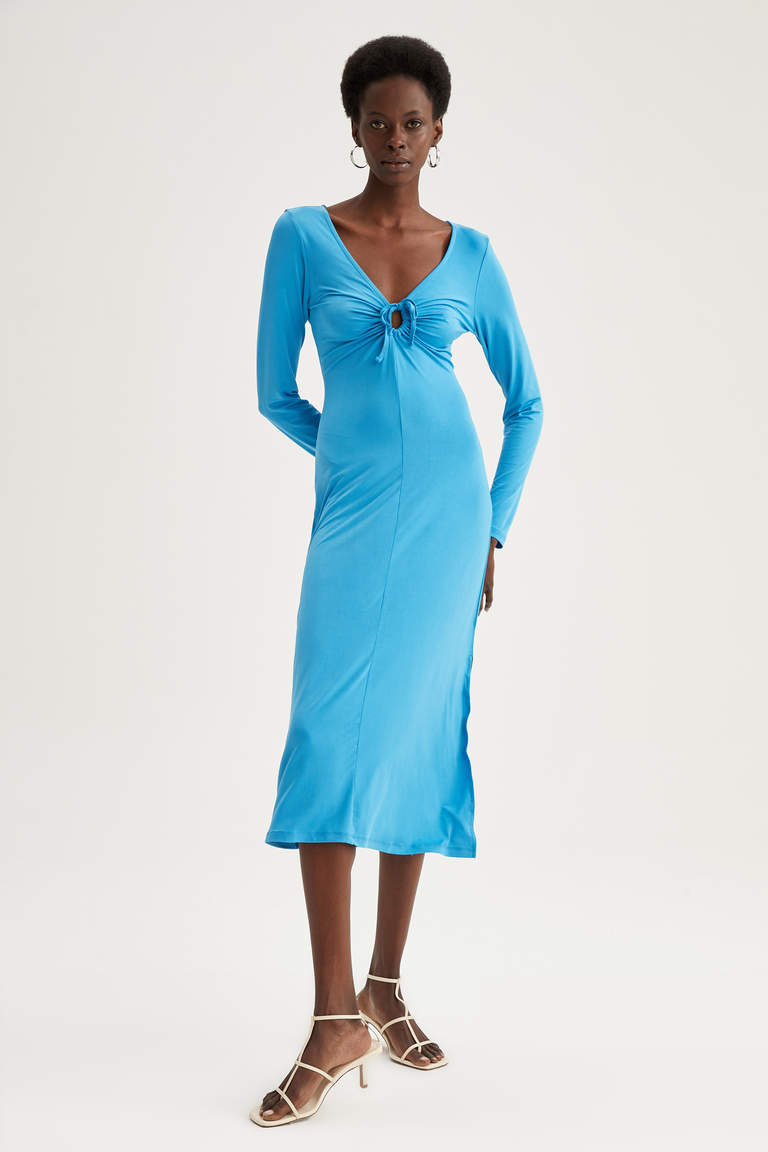 Облегающее платье миди с V-образным вырезом и длинным рукавом