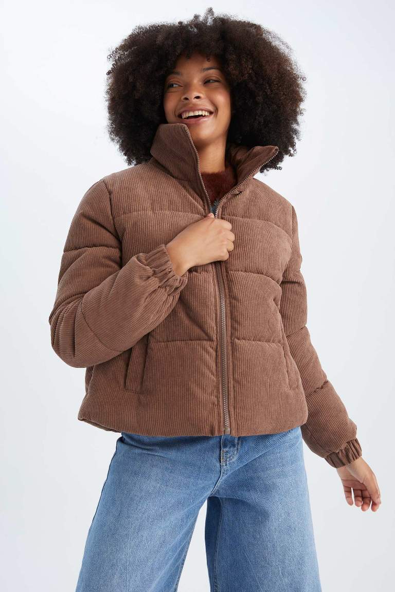 Oversize Geniş Kesim Fitilli Kadife Puffer Şişme Mont
