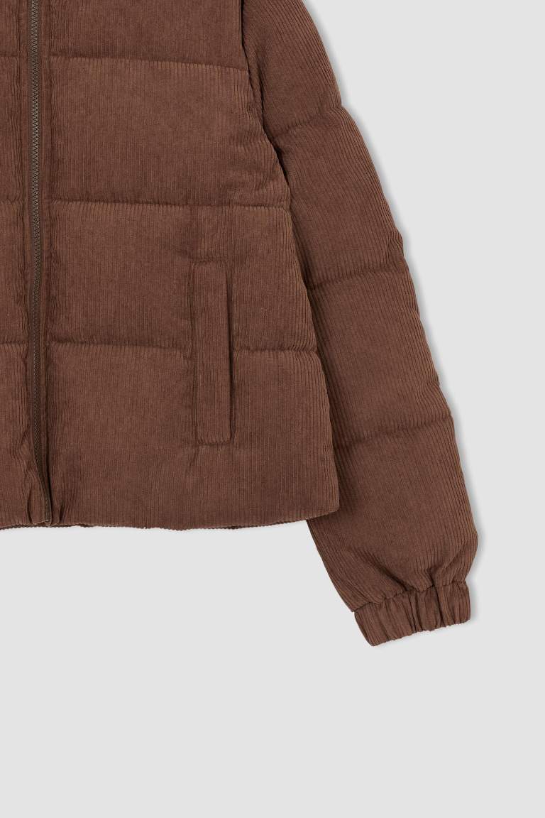 Oversize Geniş Kesim Fitilli Kadife Puffer Şişme Mont