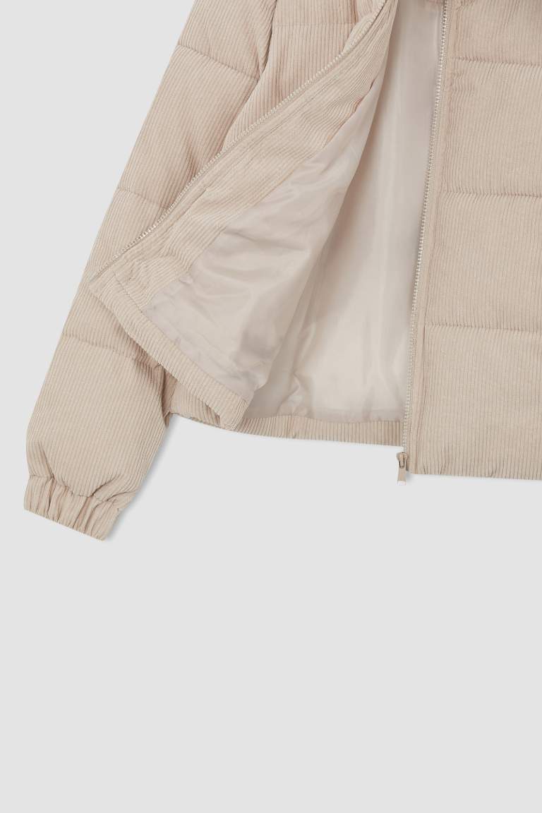 Relax Fit Fitilli Kadife Puffer Şişme Mont
