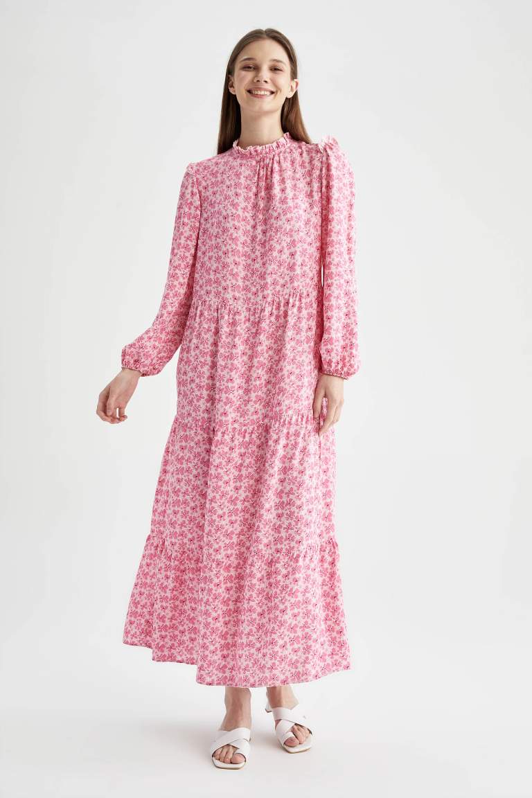 Regular Fit Floral Uzun Kollu Maxi Viskon Elbise