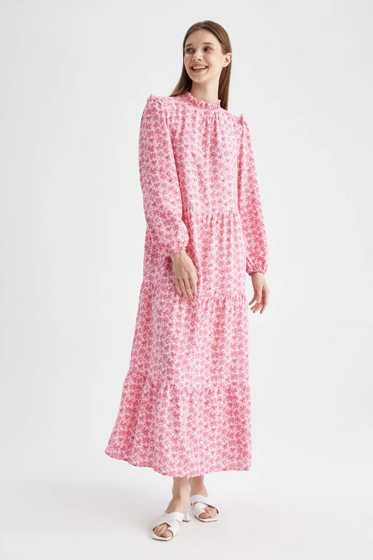 Regular Fit Floral Uzun Kollu Maxi Viskon Elbise