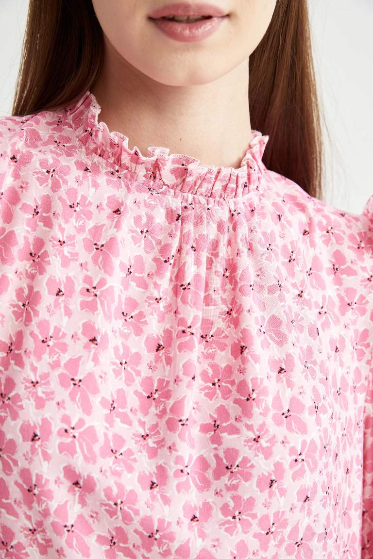 Regular Fit Floral Uzun Kollu Maxi Viskon Elbise