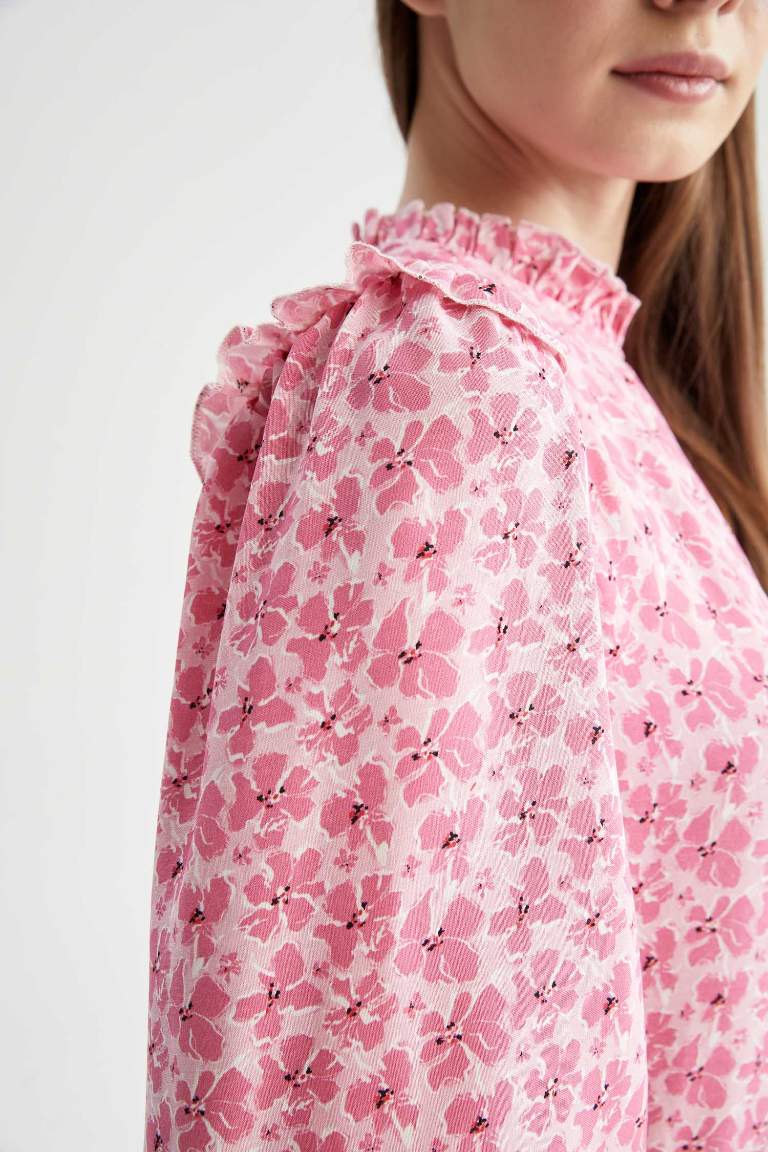 Regular Fit Floral Uzun Kollu Maxi Viskon Elbise