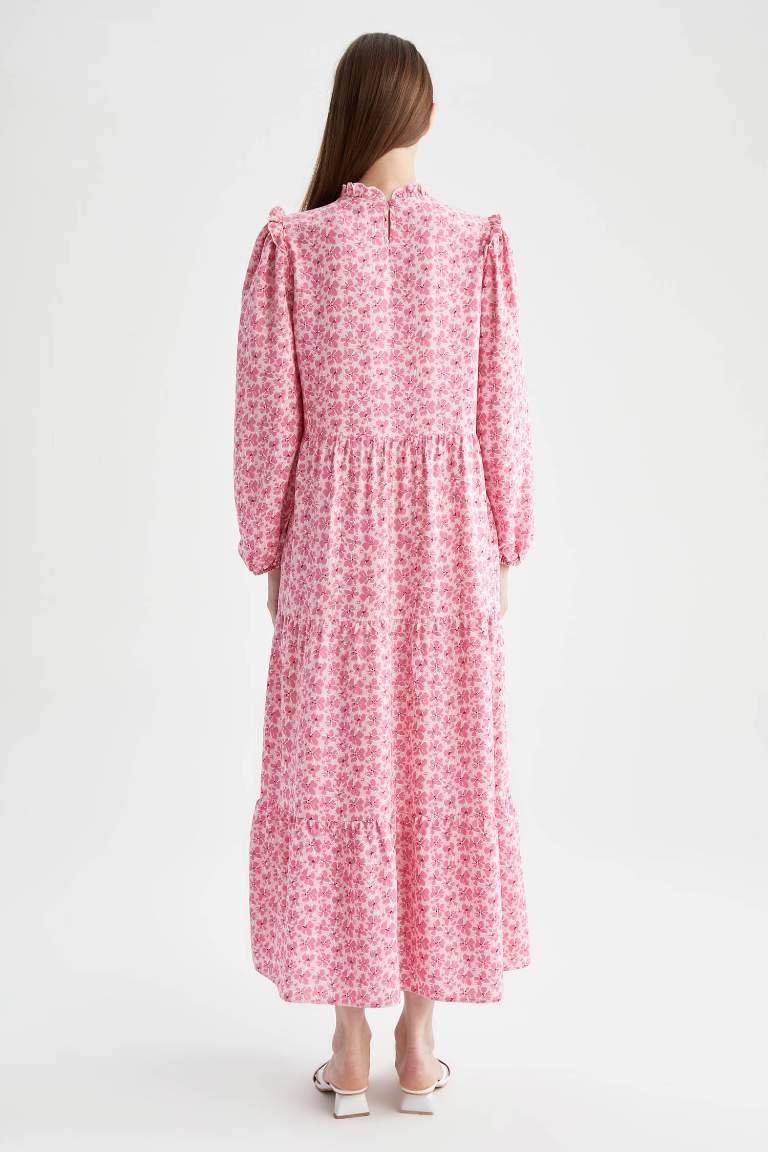 Regular Fit Floral Uzun Kollu Maxi Viskon Elbise