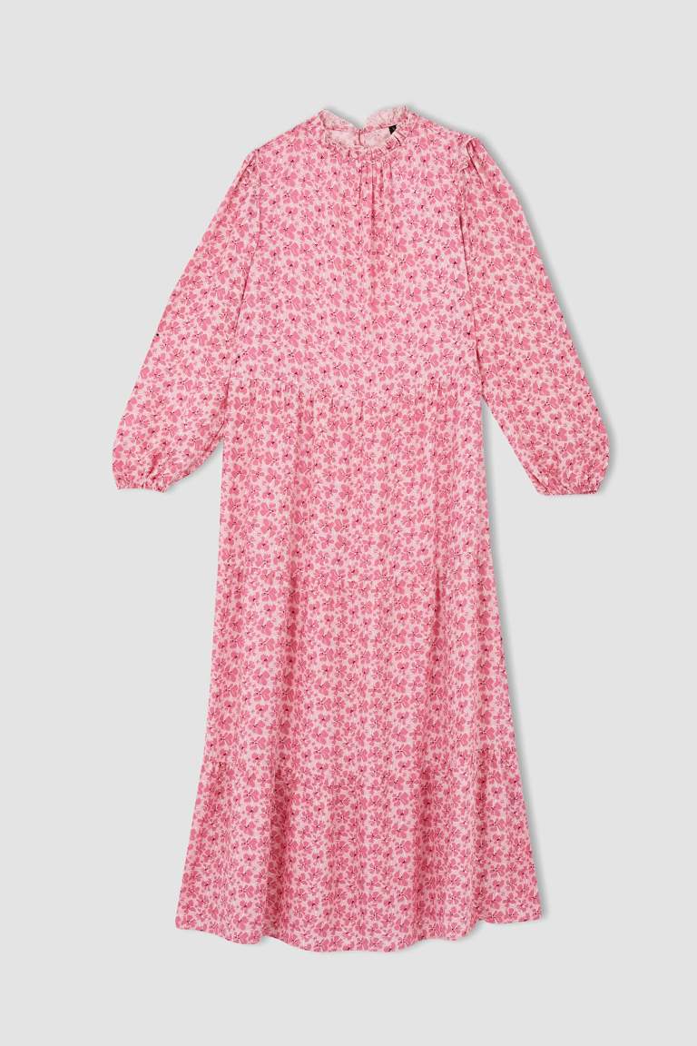 Regular Fit Floral Uzun Kollu Maxi Viskon Elbise