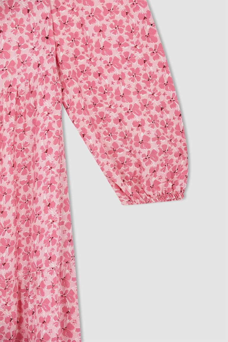 Regular Fit Floral Uzun Kollu Maxi Viskon Elbise