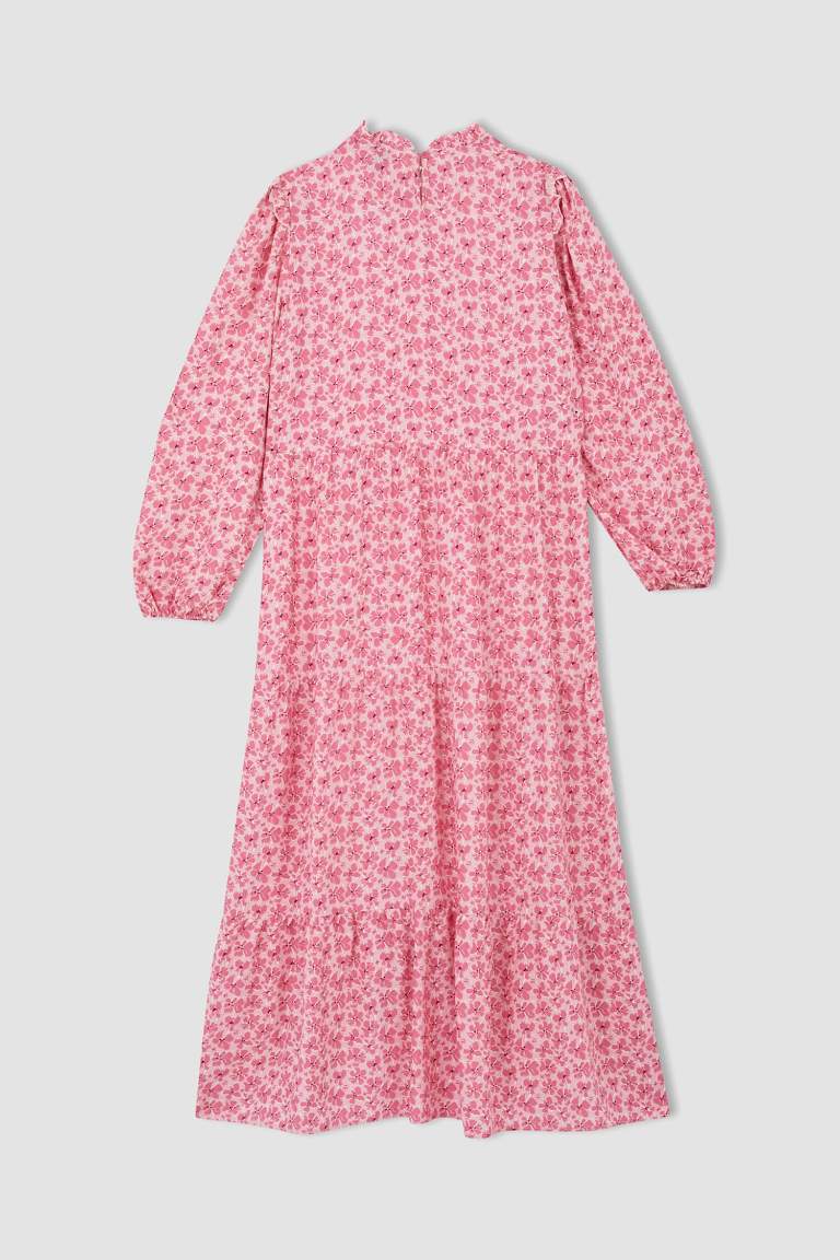 Regular Fit Floral Uzun Kollu Maxi Viskon Elbise