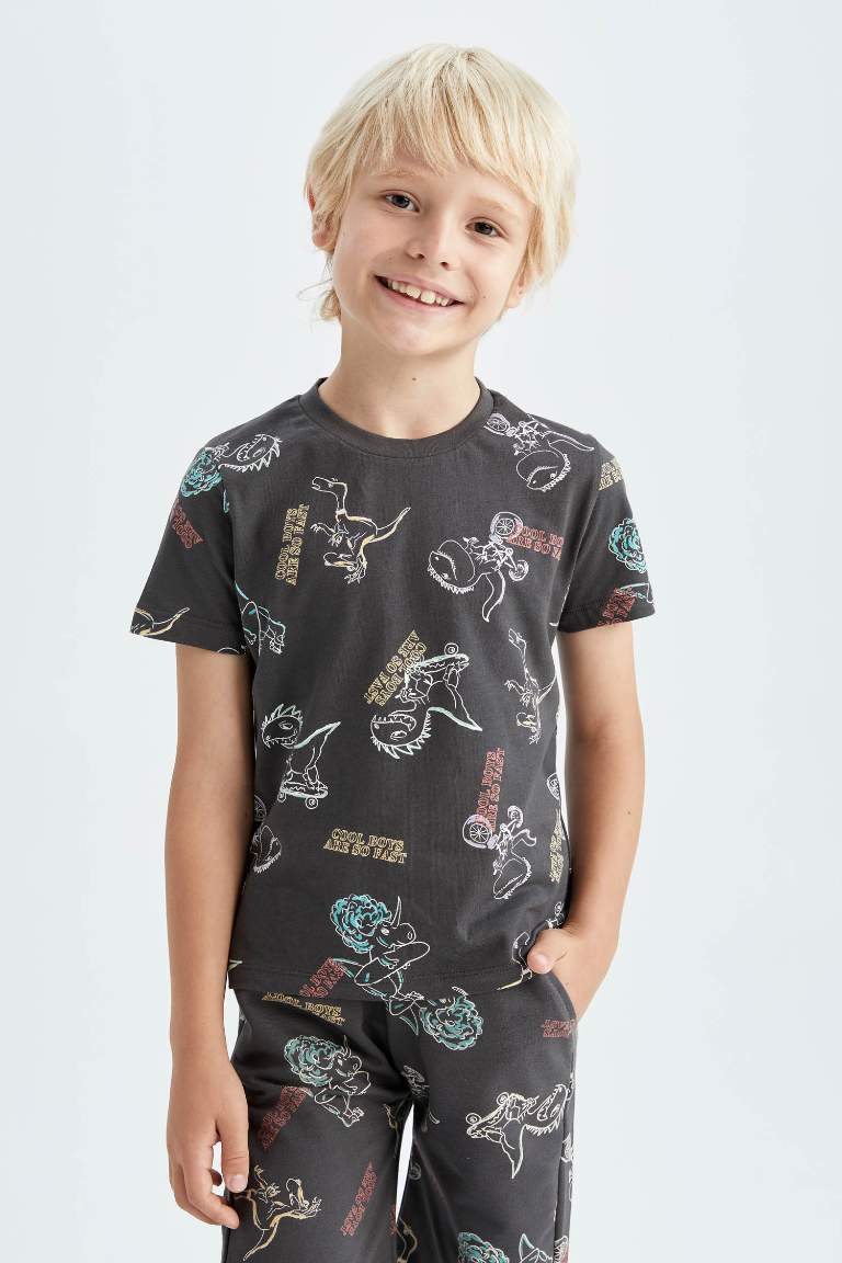 Boy Regular Fit Dinosaur Printed Cotton Combed Combed Short Sleeve T-Shirt