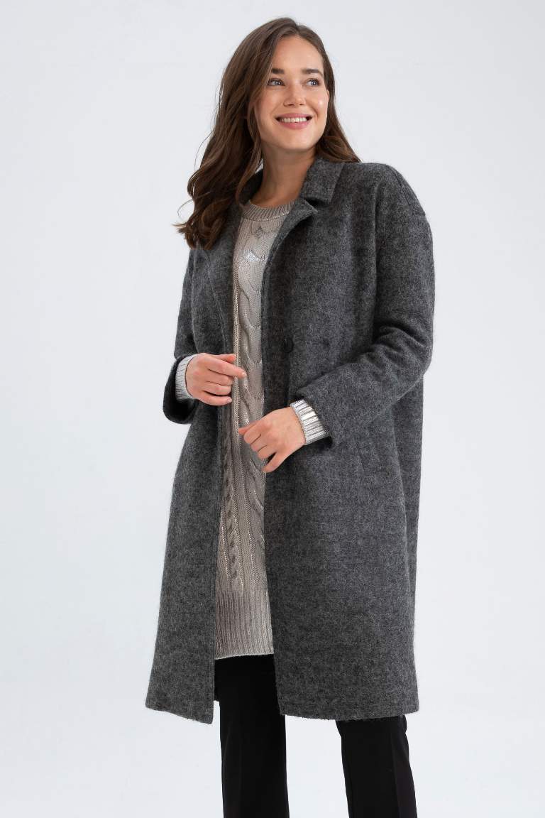 Oversize Geniş Kesim Yünlü Uzun Kaşe Kaban